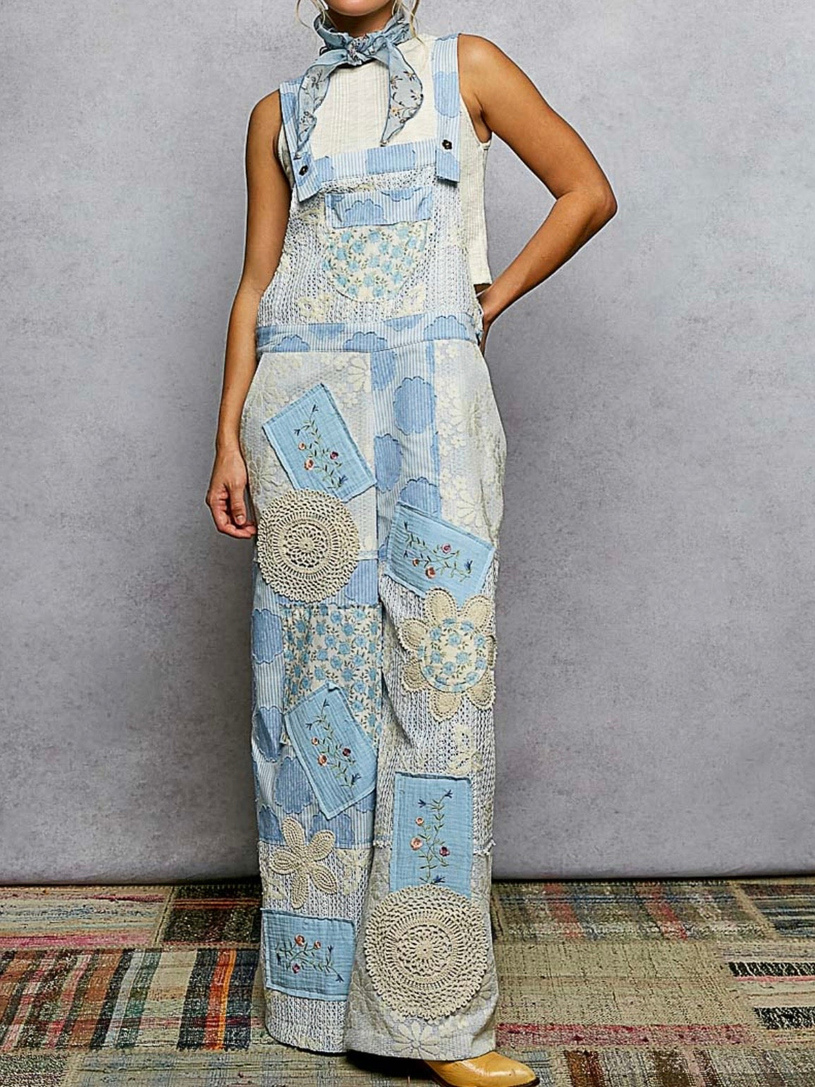 Beige and blue striped floral patchwork crochet jumper