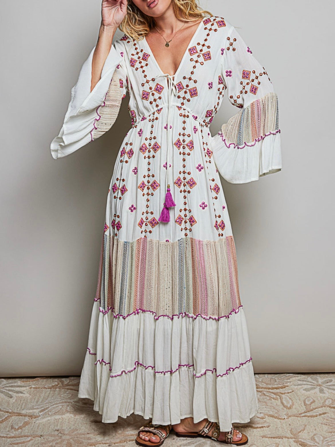 White and fuchsia tied front maxi dress