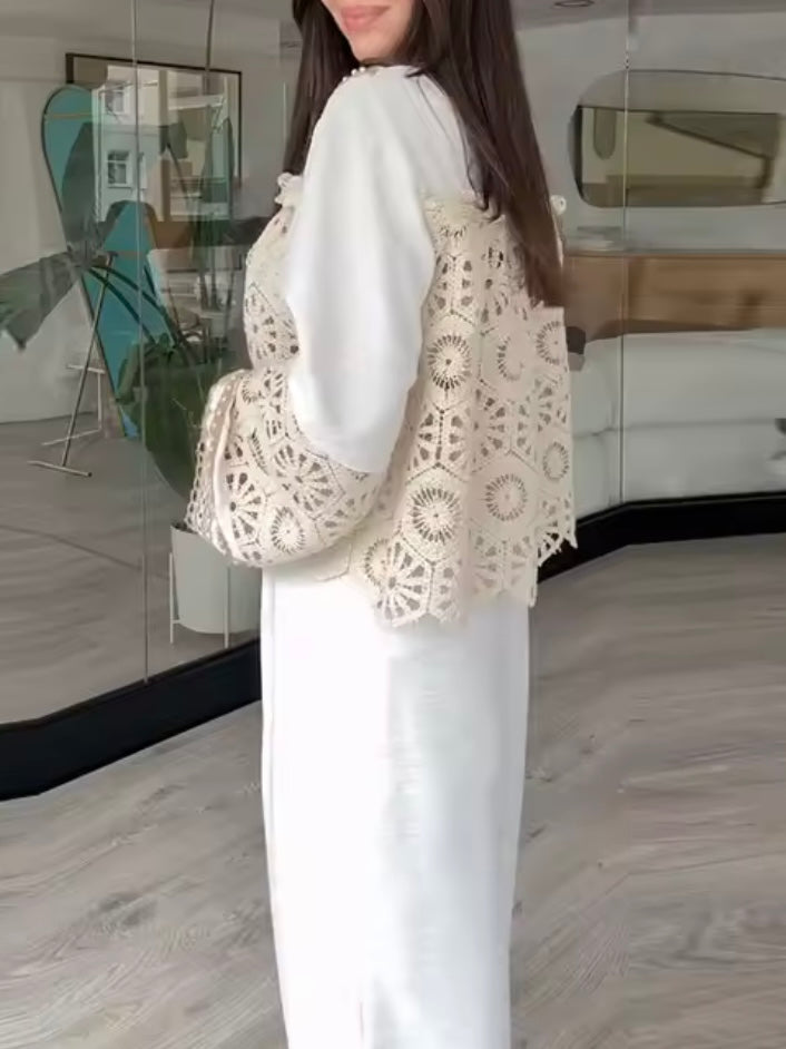 Beige crochet long sleeves set of 2 jacket and pants