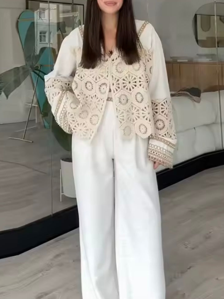 Beige crochet long sleeves set of 2 jacket and pants