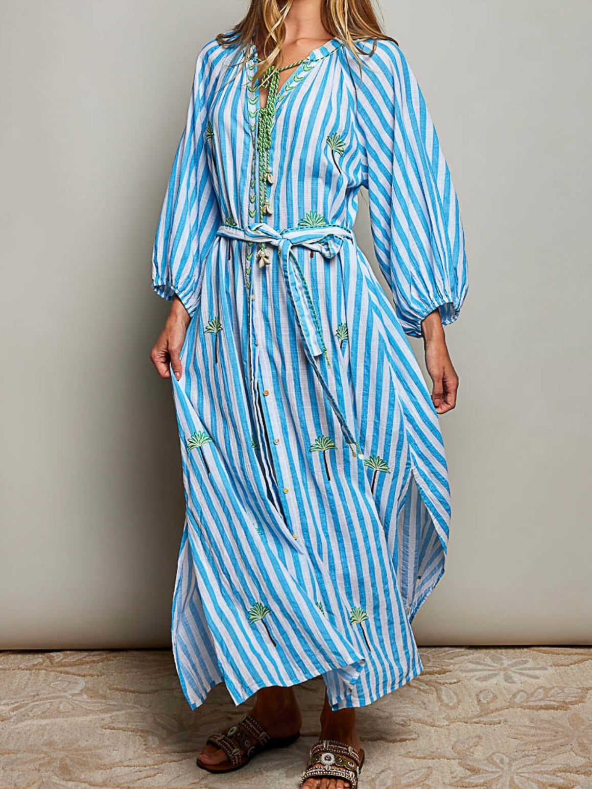 Turquoise striped buttoned front maxi dress