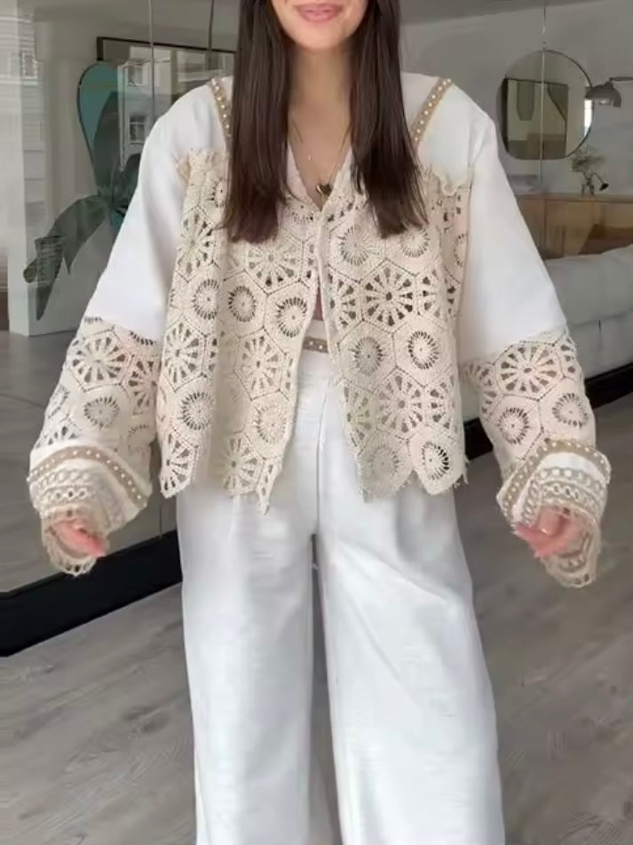 Beige crochet long sleeves set of 2 jacket and pants