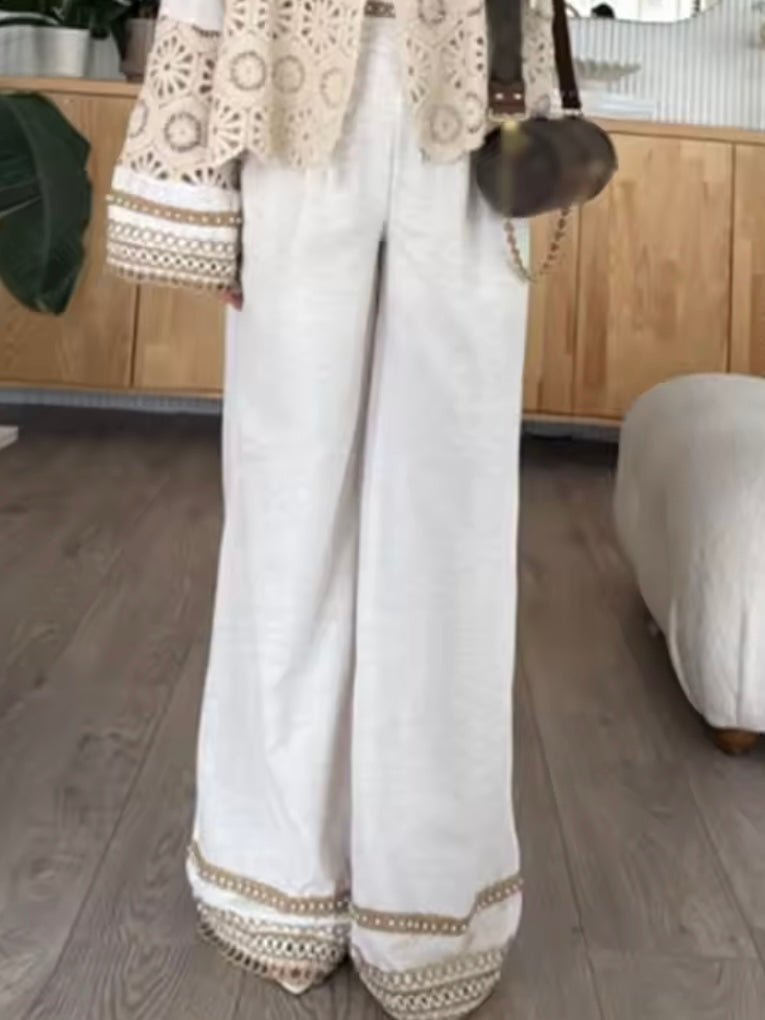 Beige crochet long sleeves set of 2 jacket and pants
