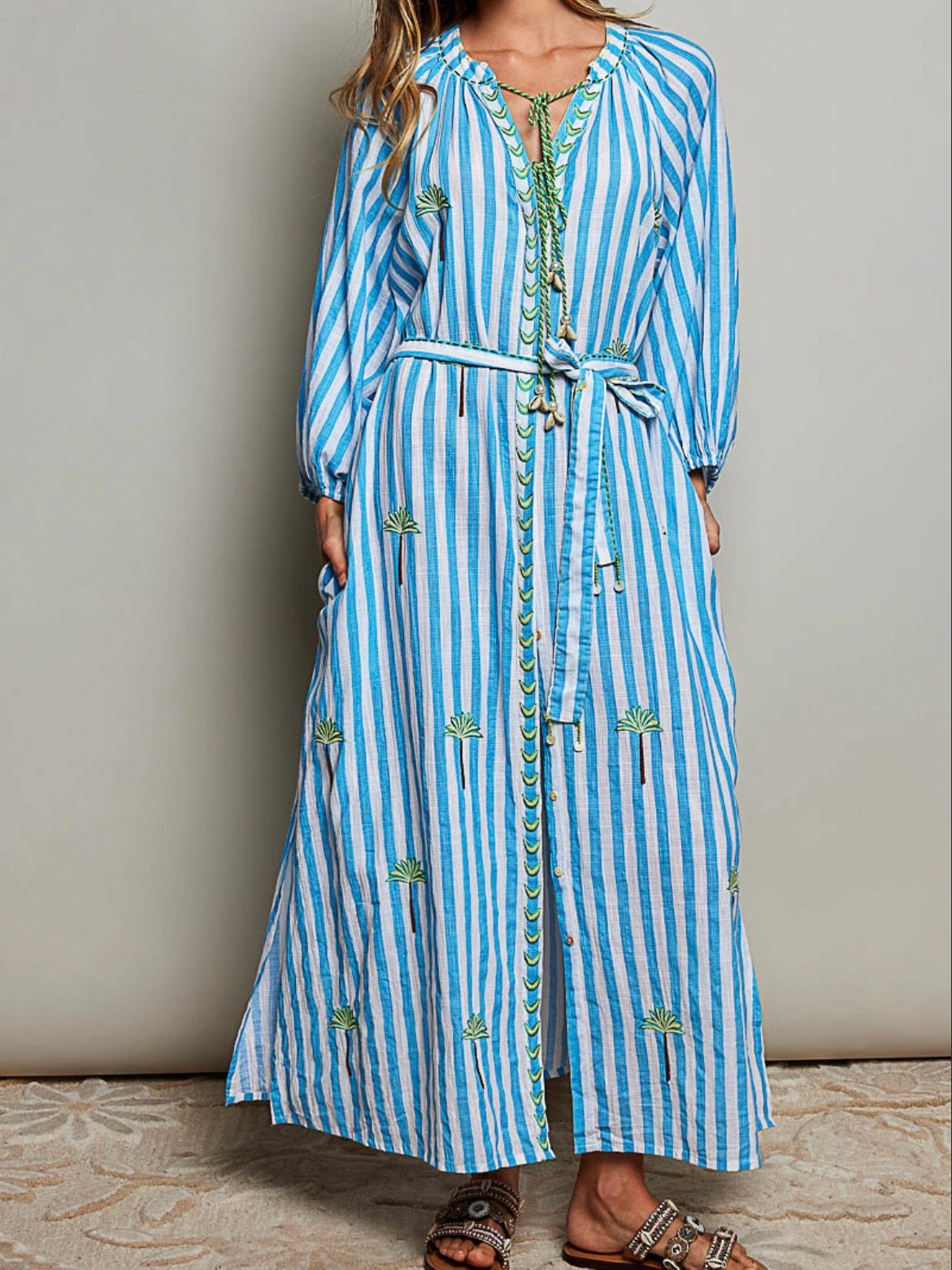 Turquoise striped buttoned front maxi dress