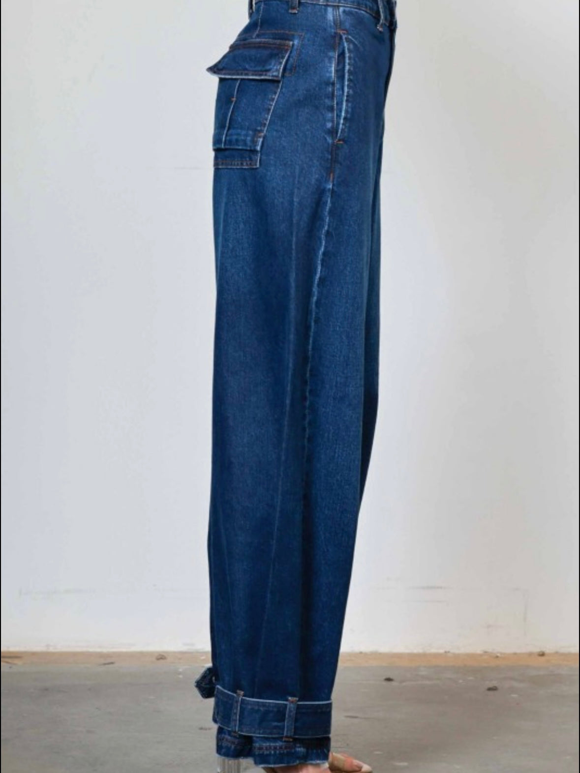 Blue baggy ankle buckle strapped jeans