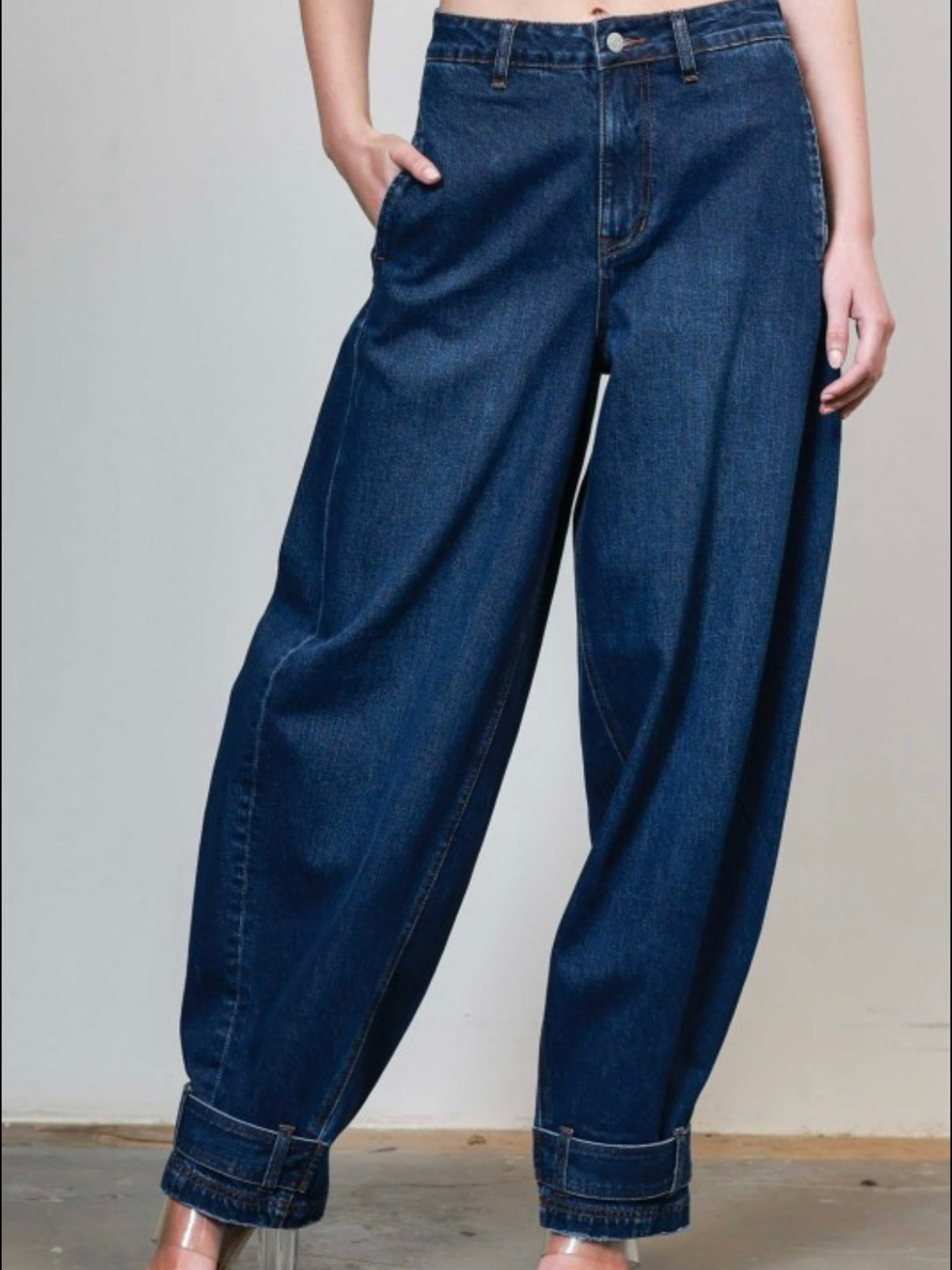 Blue baggy ankle buckle strapped jeans