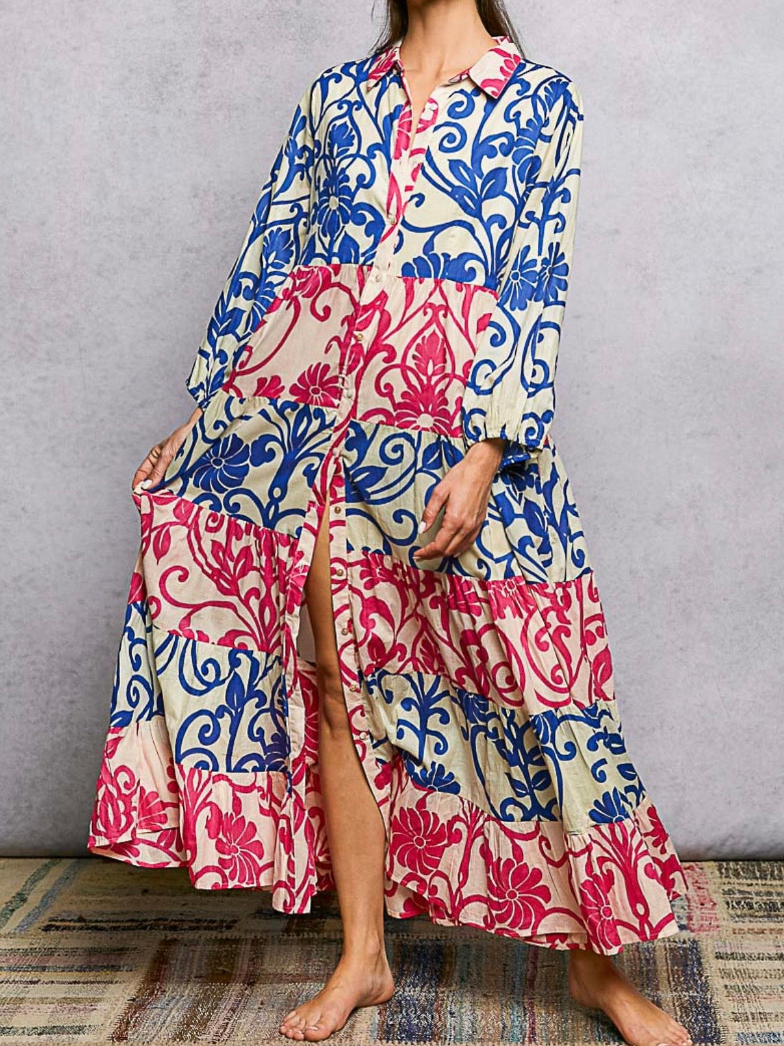 Blue and red white floral midi dress