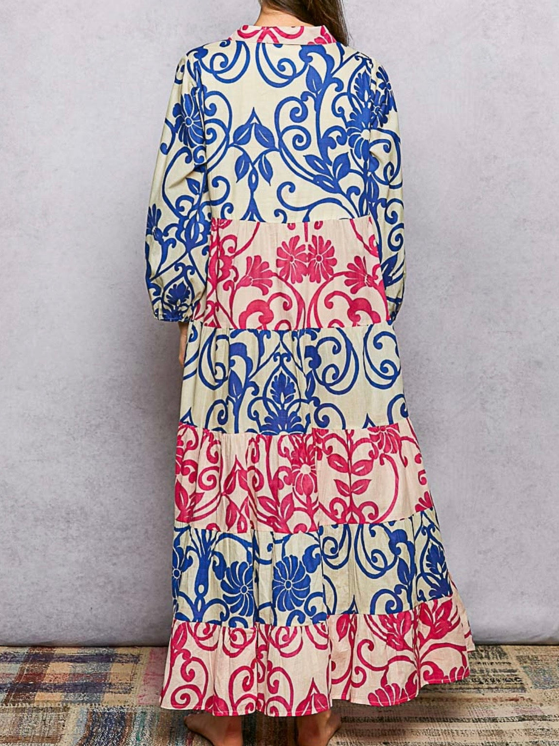 Blue and red white floral midi dress