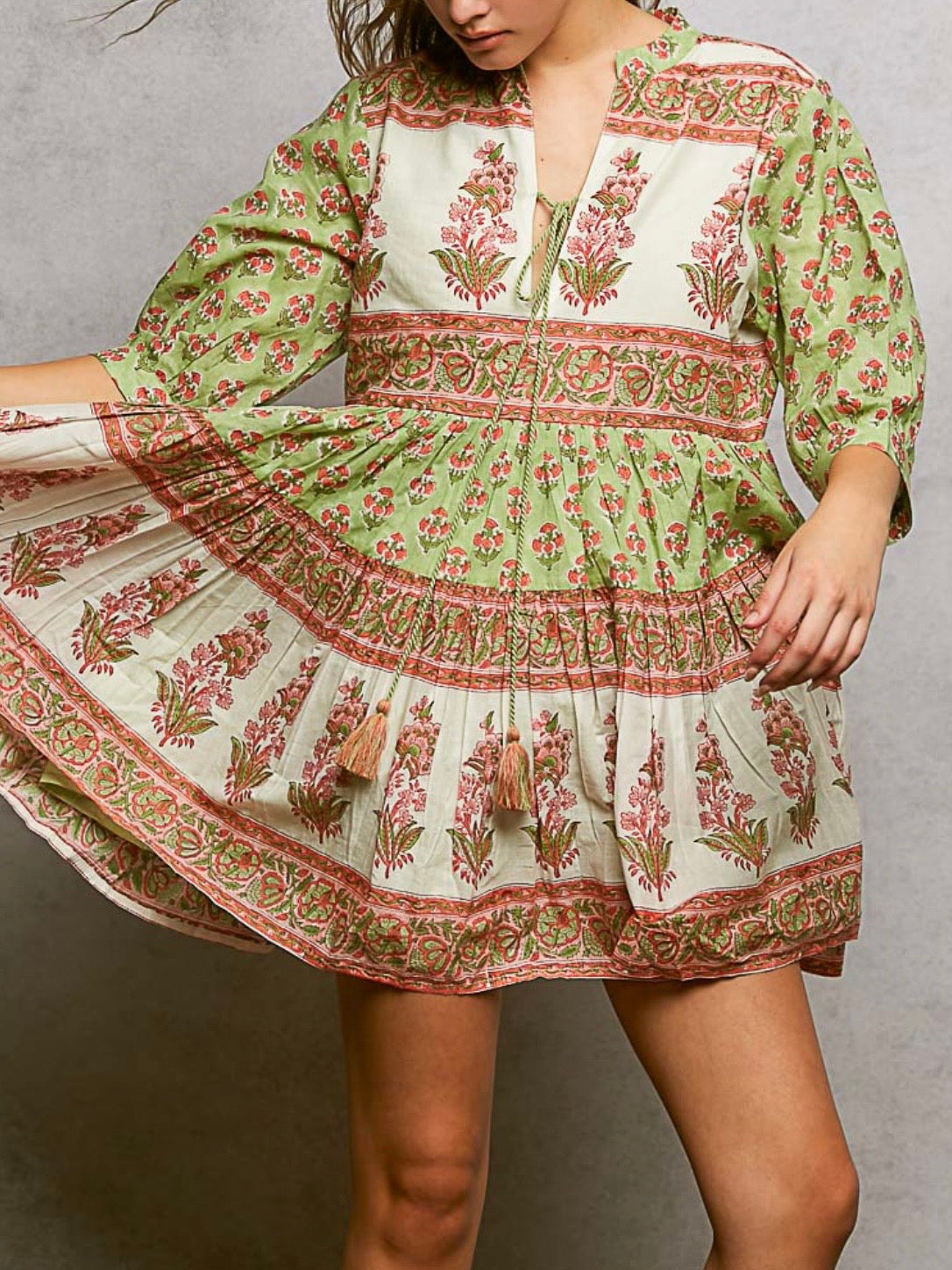 Green and pink long sleeveless mini dress