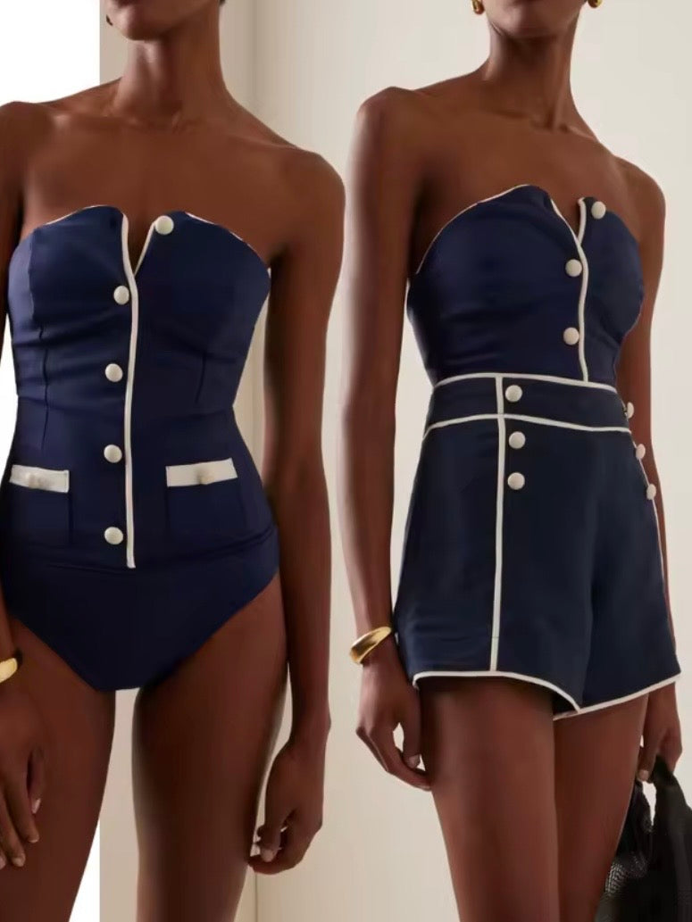 Blue and white buttons one piece strapless swimsuit set short