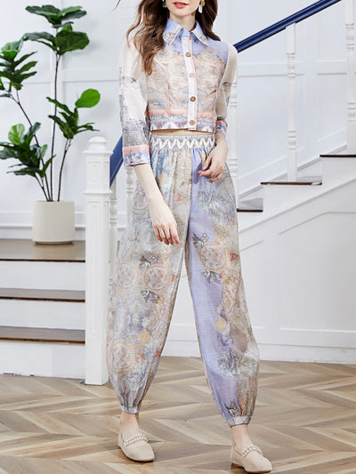 Purple map print fabric set of 2 shirt and pants