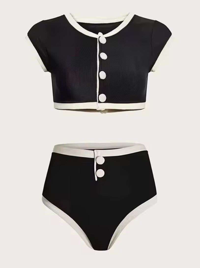 Blue and white buttons bikini swimsuit set short