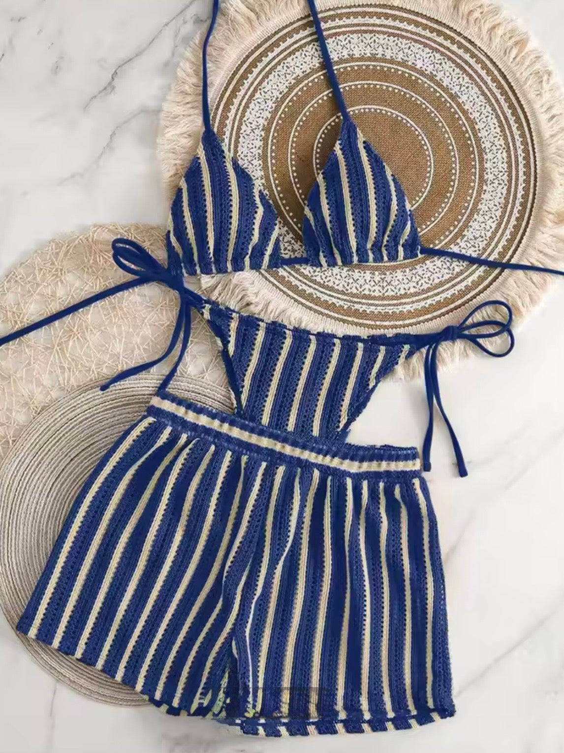Blue and red bikini striped printed straps triangle top and bottom swimwear
