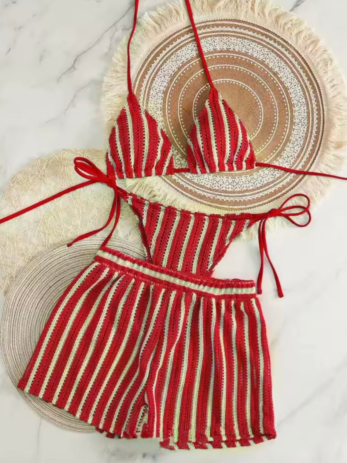 Blue and red bikini striped printed straps triangle top and bottom swimwear