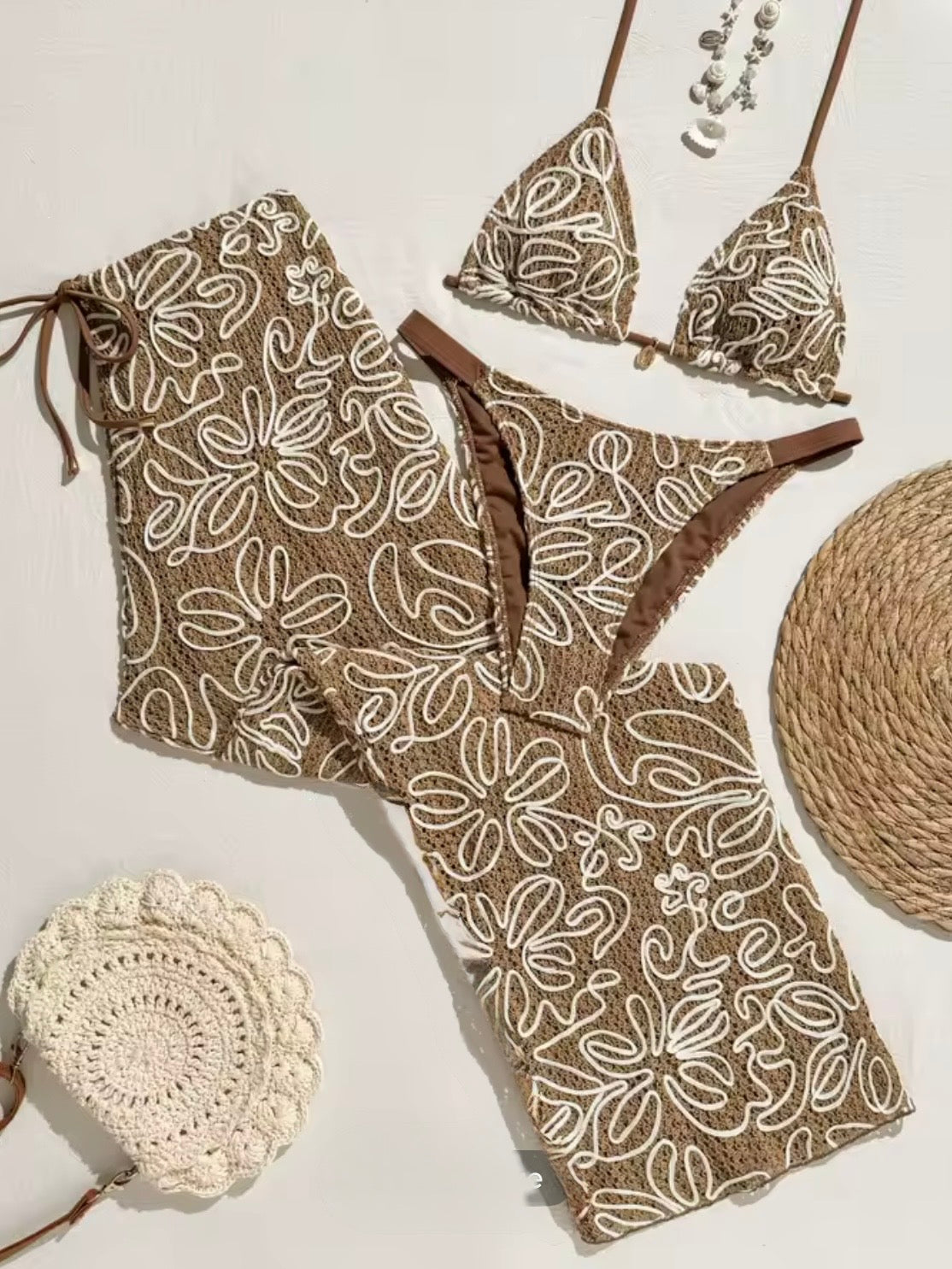 Brown and white  straps triangle top and bottom swimwear set pants