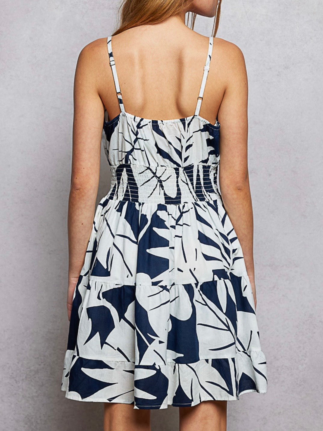 White and blue floral printed sleeveless mini dress