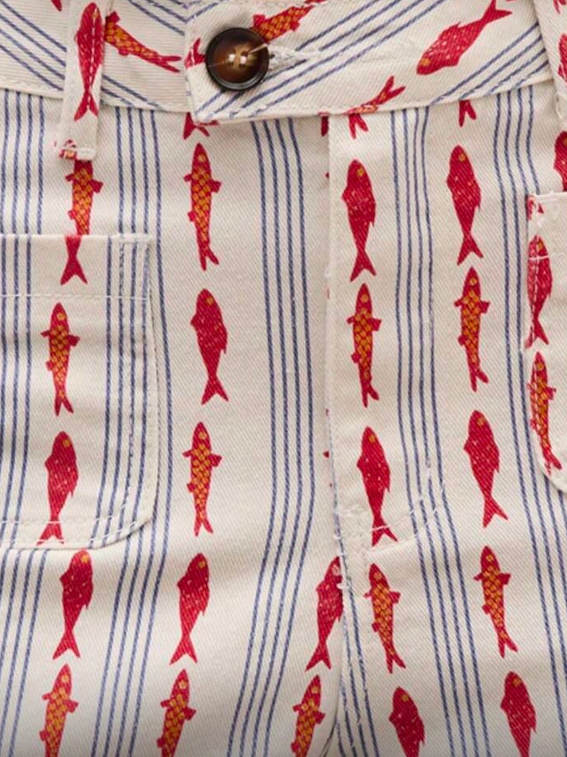 White and red fish printed fabric wide pants