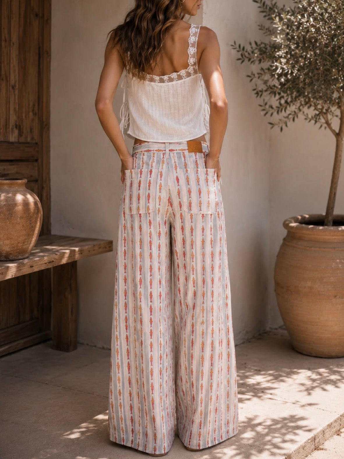 White and red fish printed fabric wide pants
