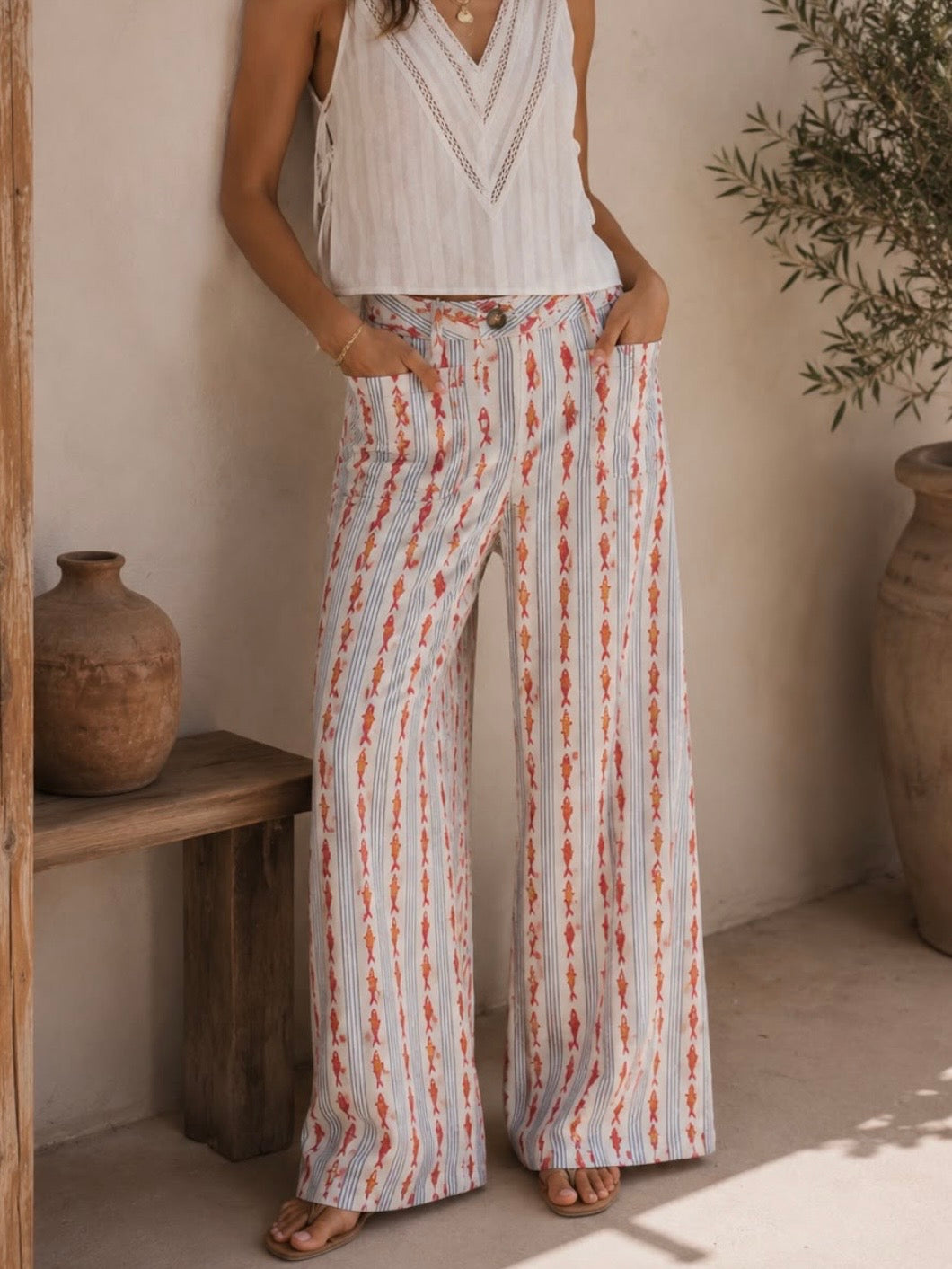 White and red fish printed fabric wide pants