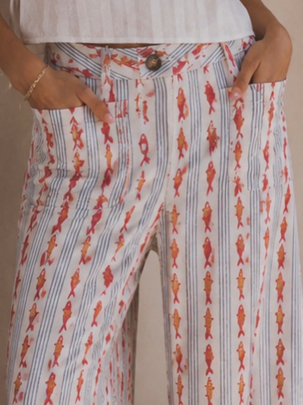 White and red fish printed fabric wide pants