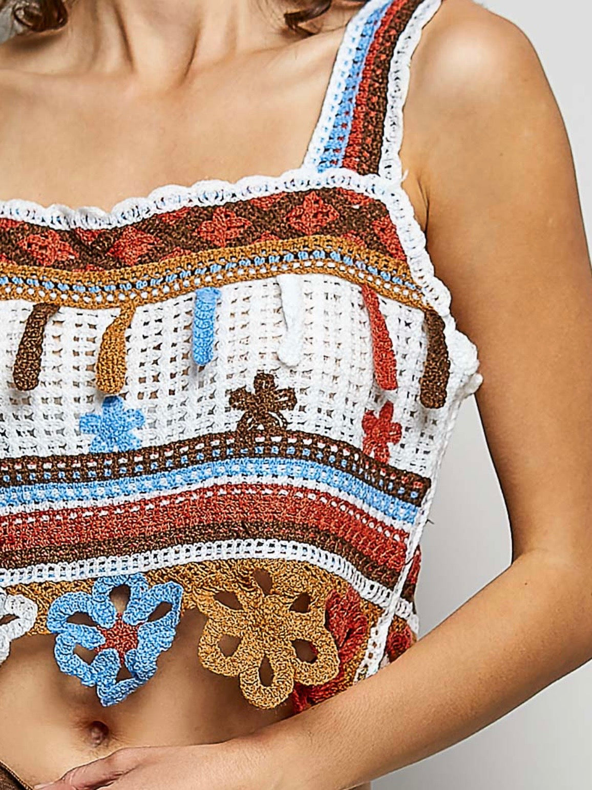 Knitted white and brown floral crochet ruffled crop top