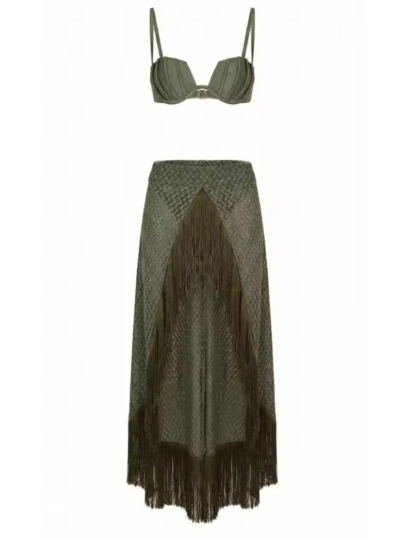 Bronze and Green straps triangle top and bottom swimwear set net coverup skirt