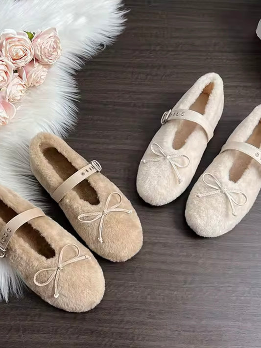 Ballet furry straps flats shoes