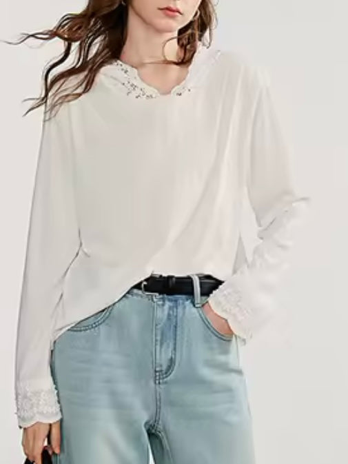 White lace mix fabrics hooded top