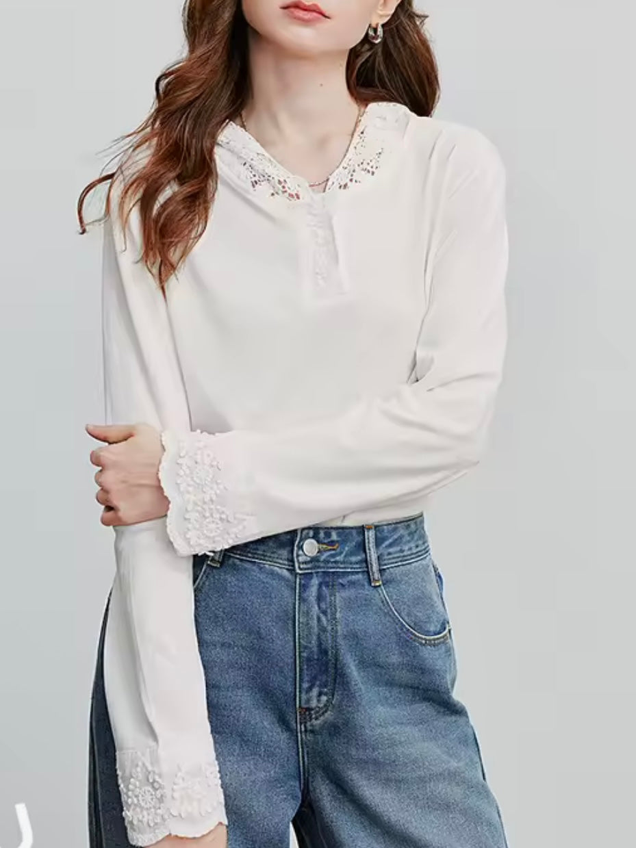 White lace mix fabrics hooded top