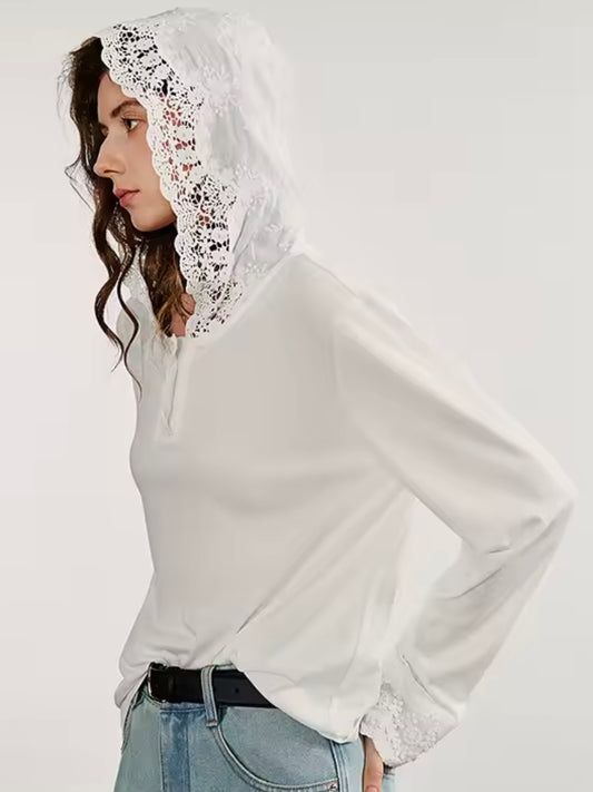 White lace mix fabrics hooded top