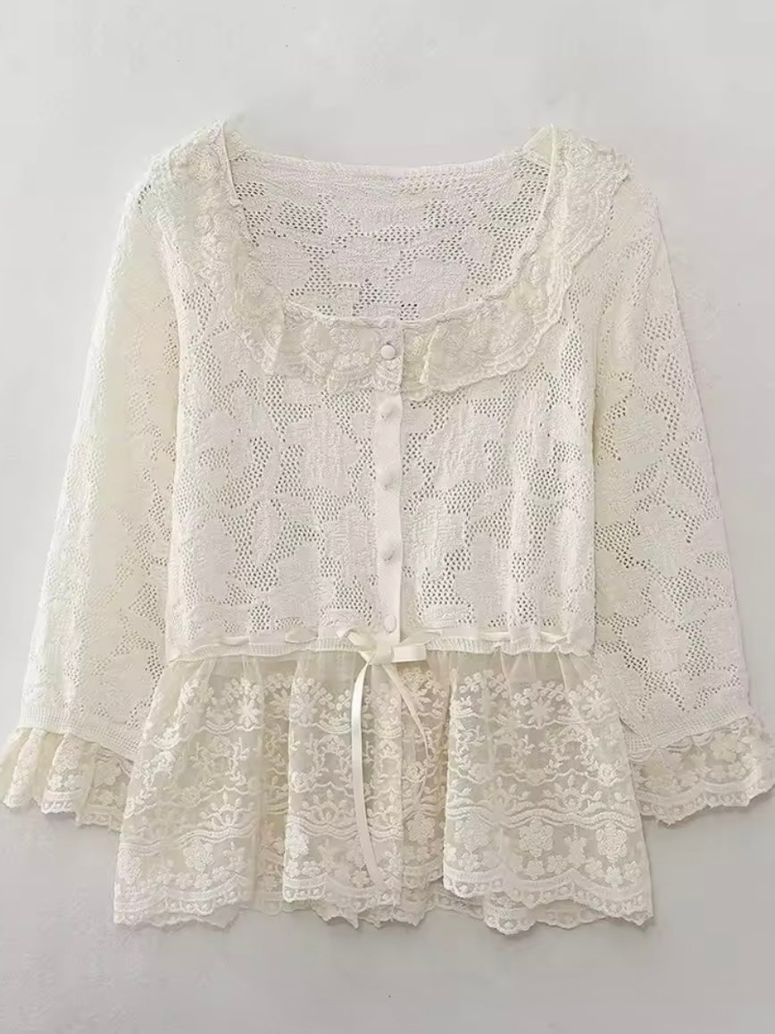 Beige lace crochet details round neck top