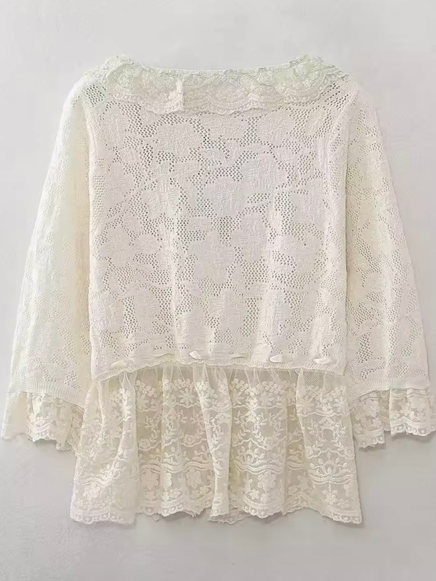 Beige lace crochet details round neck top