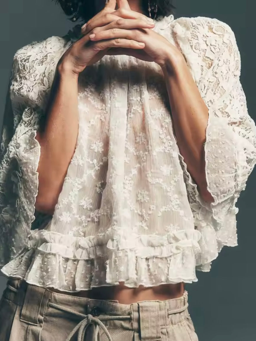 Wide loose fit lace crochet details round neck top