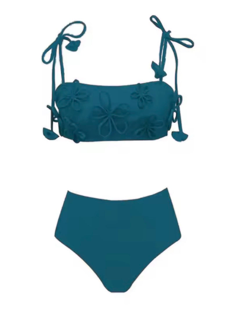 Solid colors floral 3D texture straps triangle top and bottom swimwear