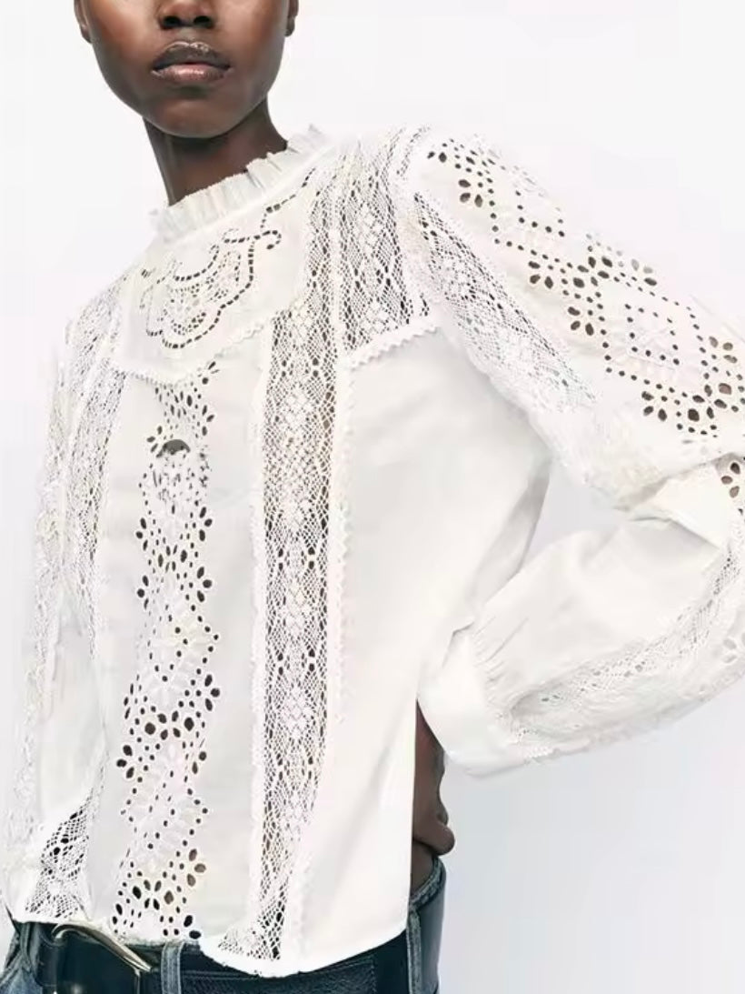 White lace crochet details crew neck top