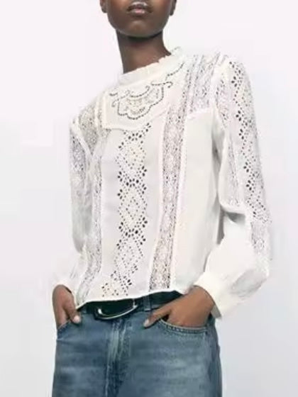 White lace crochet details crew neck top