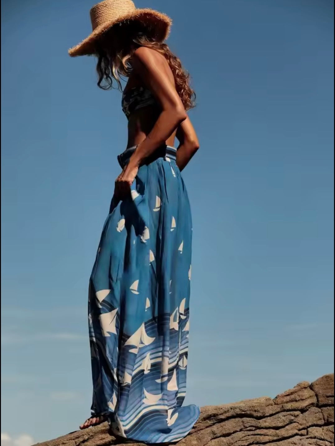 Blue sailing boat printed fabric set of 2 bikini and maxi skirt