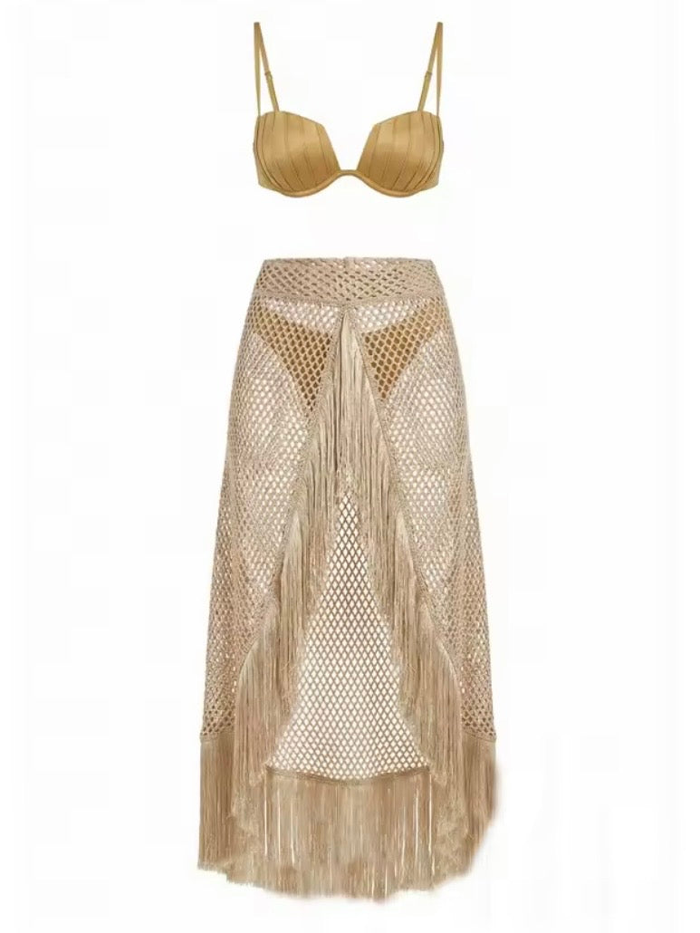 Bronze and Green straps triangle top and bottom swimwear set net coverup skirt
