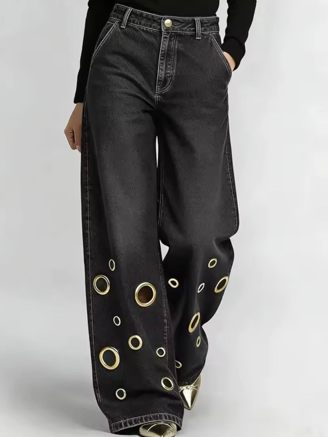 Gold cutout metallic rings denim wide leg Pants