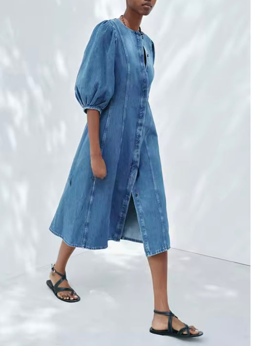 Denim seams puff short sleeves midi dress