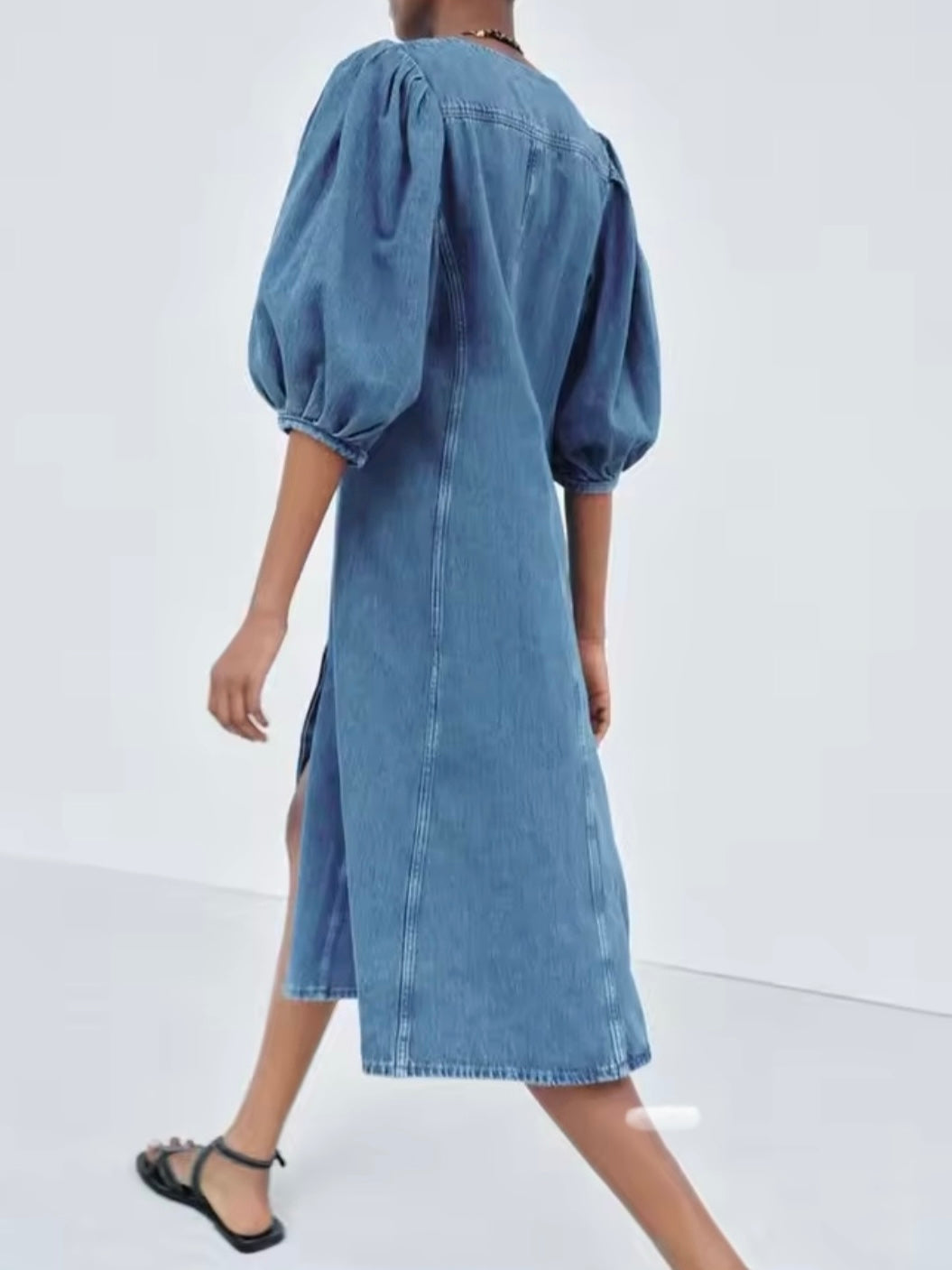 Denim seams puff short sleeves midi dress