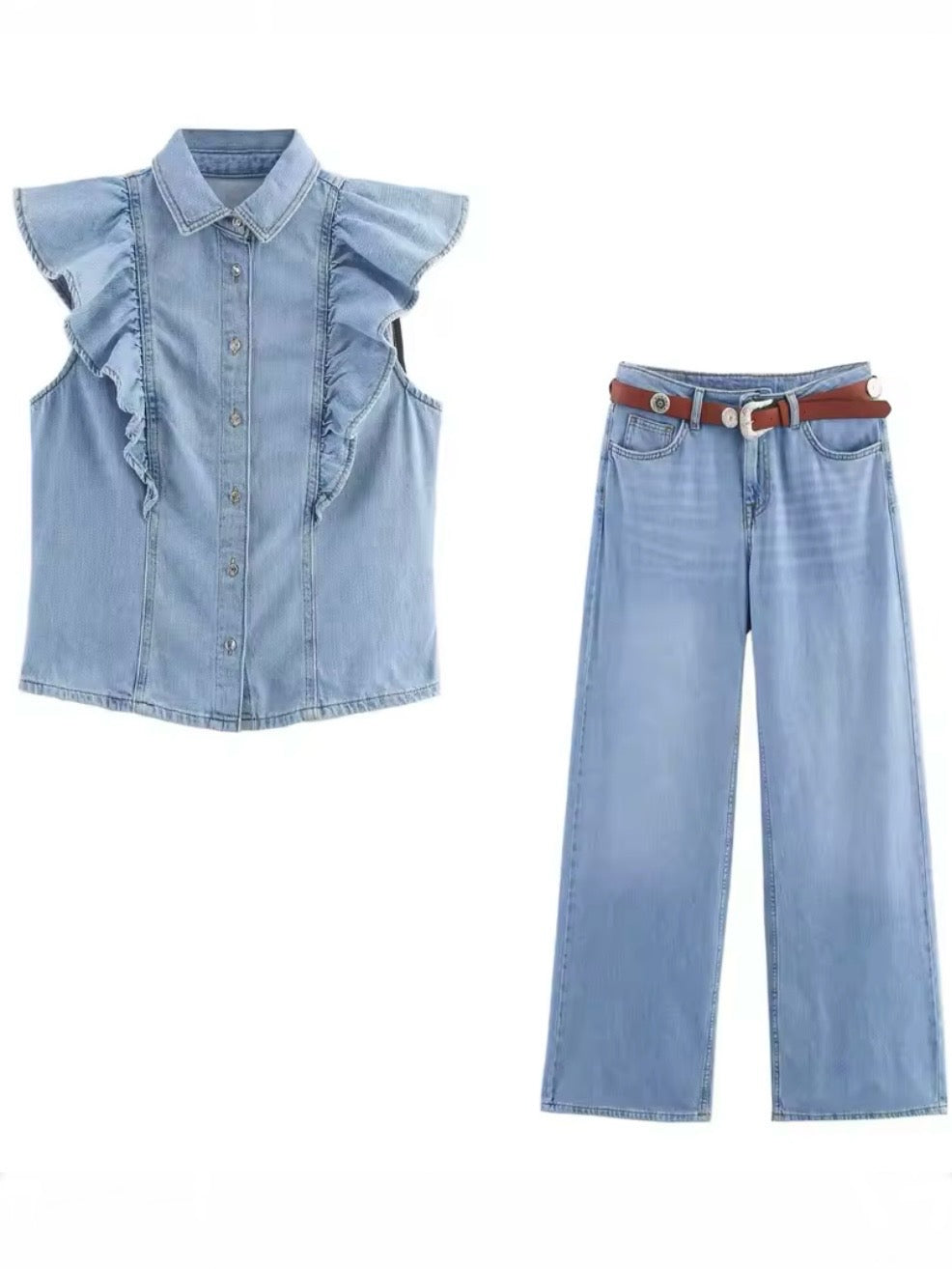 Light blue denim set of straight pants and top