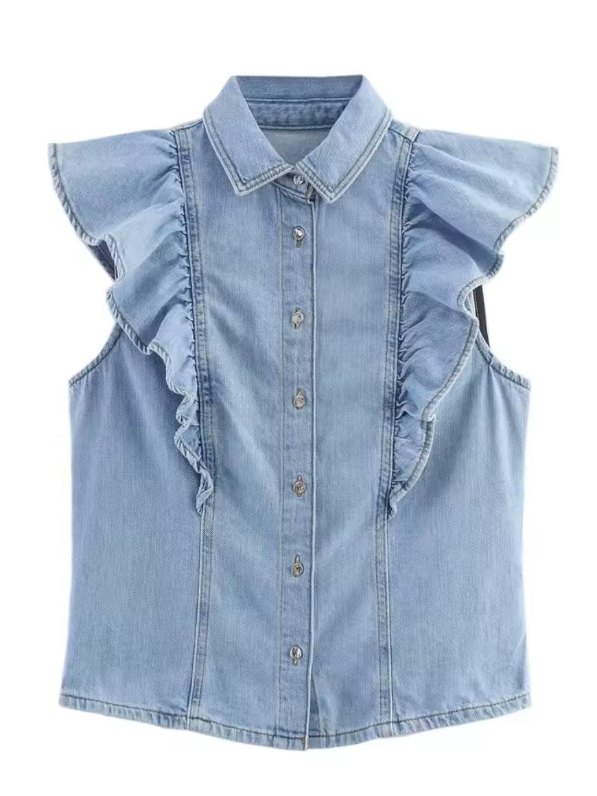 Light blue denim set of straight pants and top