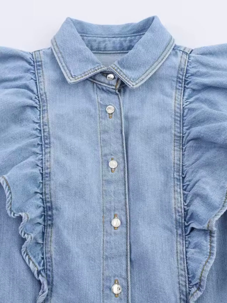 Light blue denim set of straight pants and top