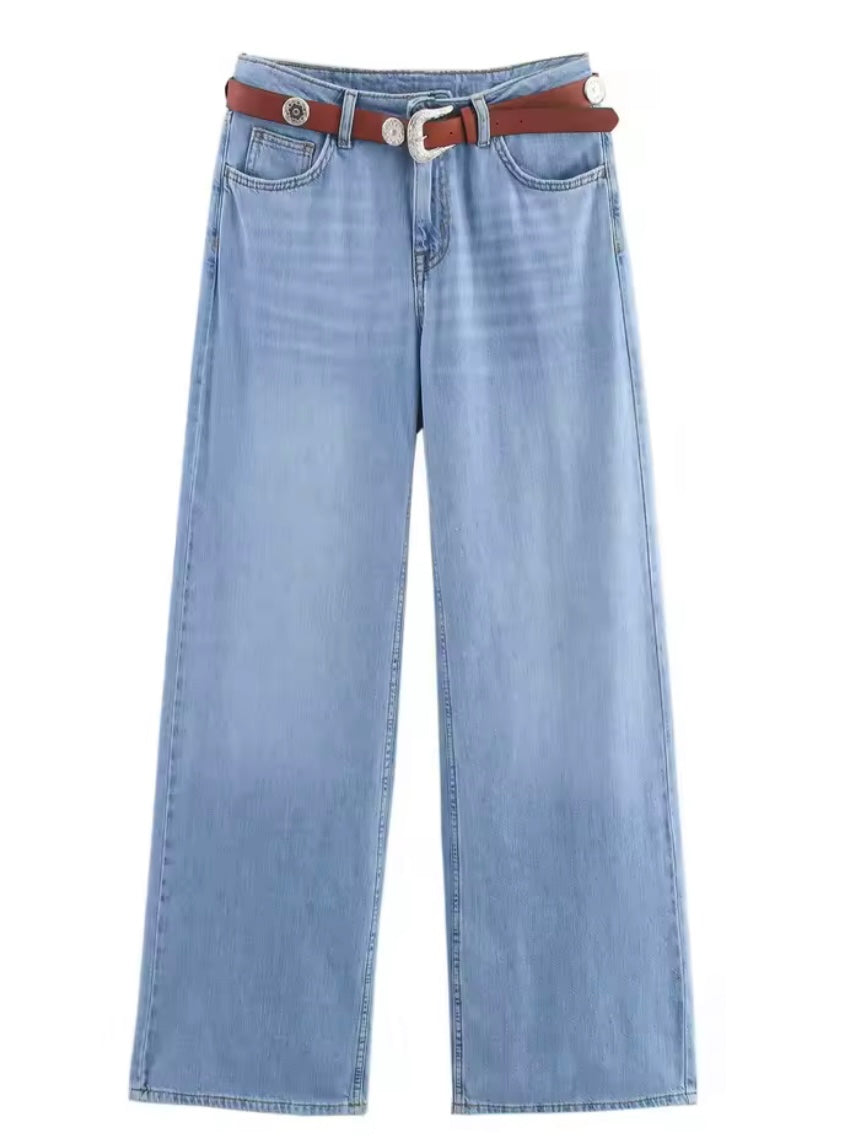 Light blue denim set of straight pants and top