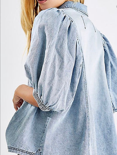 Washed blue frayed denim puff sleeves shirt