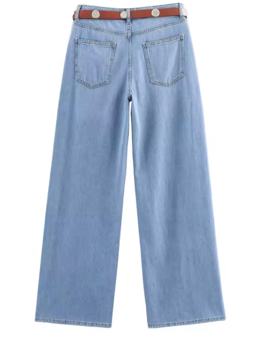 Light blue denim set of straight pants and top