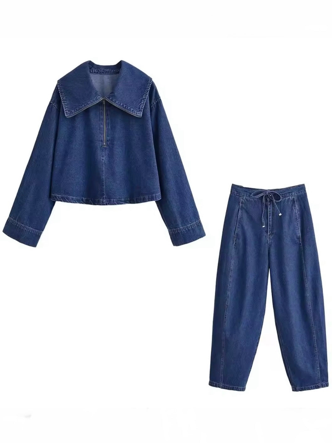 Dark blue denim set of barrel pants and flaps neck top