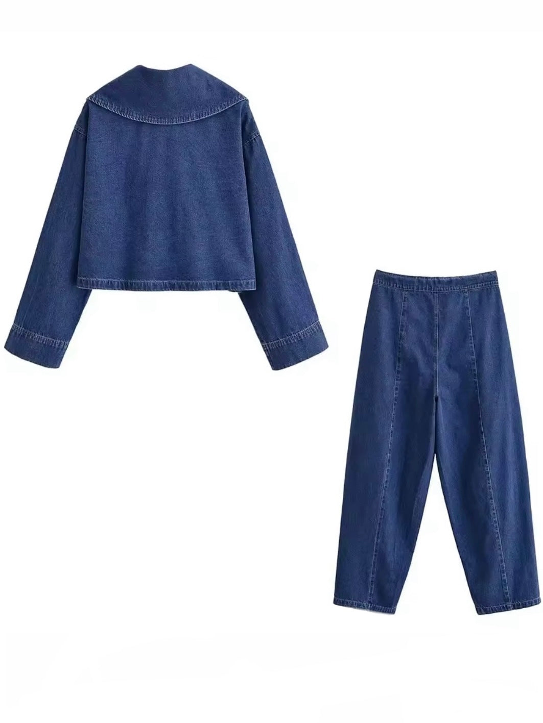 Dark blue denim set of barrel pants and flaps neck top