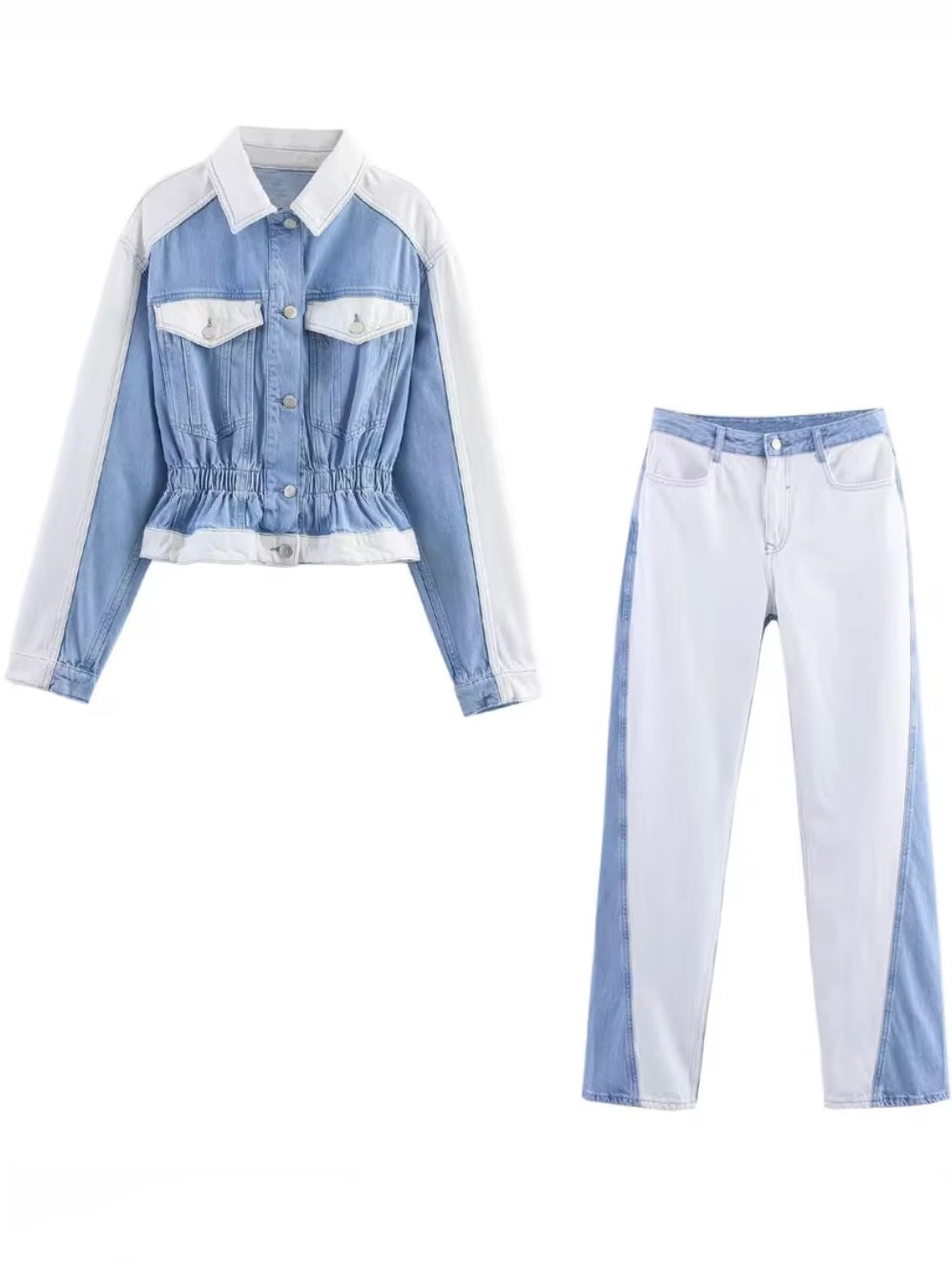 Light blue and white denim set of straight pants and top
